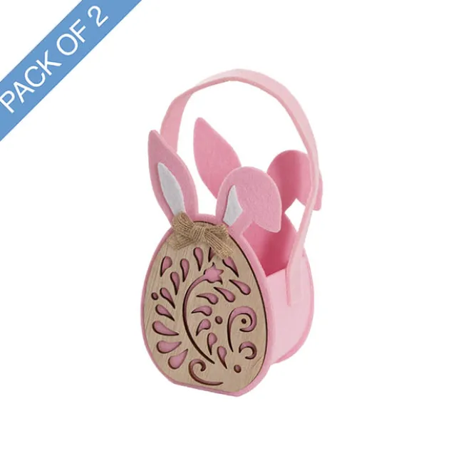Easter Basket Felt Wood Egg & Bunny Ears Pink Pk2 (9x15cmH)