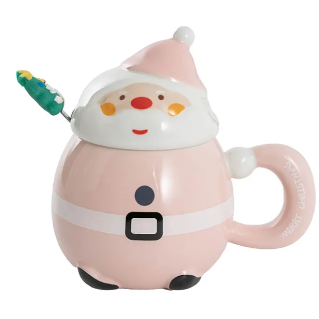 Jolly Happy Santa Ceramic Mug w Spoon Pink (8x14cmH)