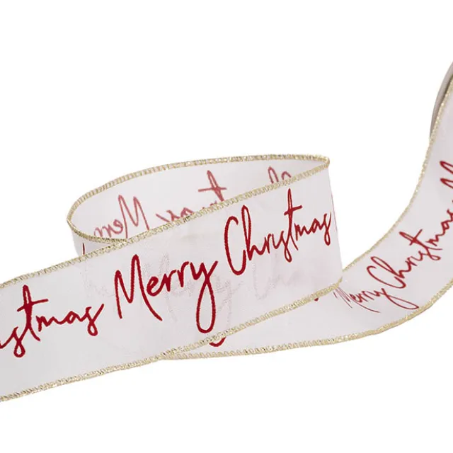 Ribbon Linen Wire Edge Red Merry Christmas White (60mmx20m)