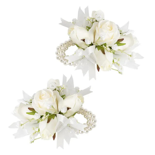 Rose & Ribbon Pearl Corsage Bracelet Pack 2 White (12cmH)