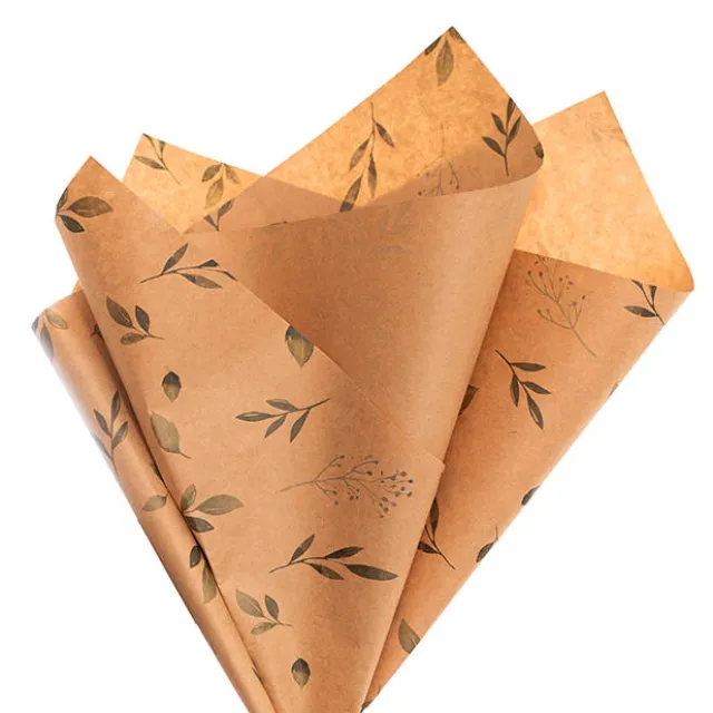 Kraft Paper Leafy Greens Print 80gsm Brown Pk100 (50x70cm)