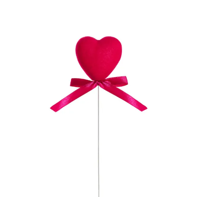Love Heart Pick w Bow Pack 3 Flocked Hot Pink (6cmDx30cmH)