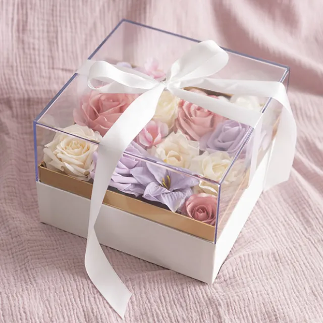 Luxe Gift Box Acrylic Lid and Ribbon WhiteGold (20x20x13Hcm)