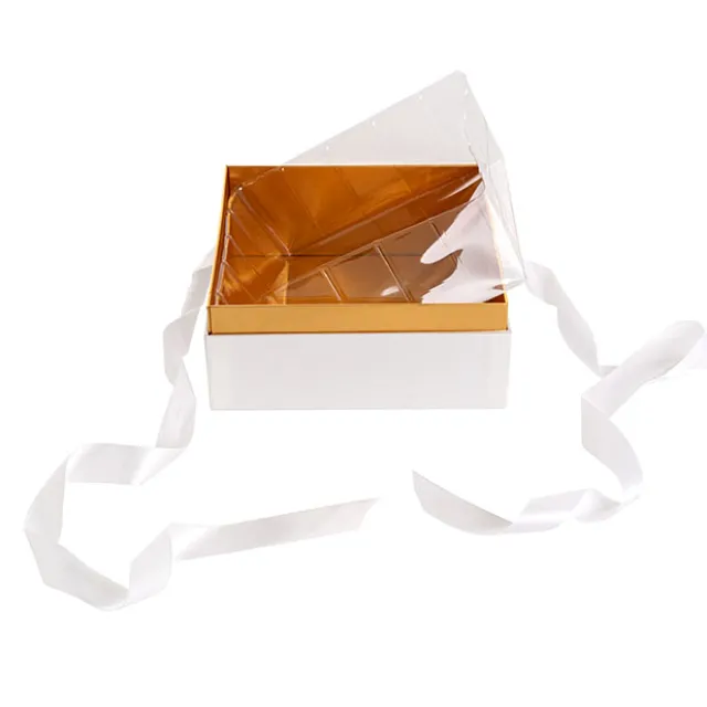 Luxe Gift Box Acrylic Lid and Ribbon WhiteGold (20x20x13Hcm)
