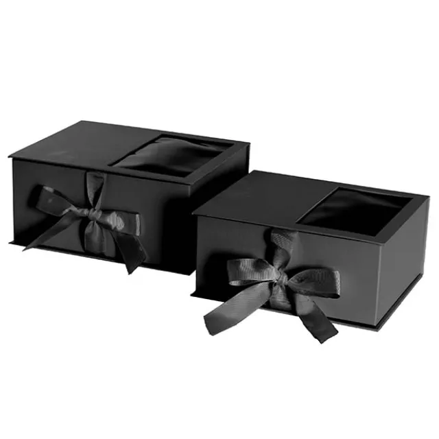 Luxe Gift Flower Box Window Ribbon Set 2 Black (24x20x11Hcm)