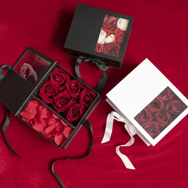 Luxe Gift Flower Box Window Ribbon Set 2 Black (24x20x11Hcm)