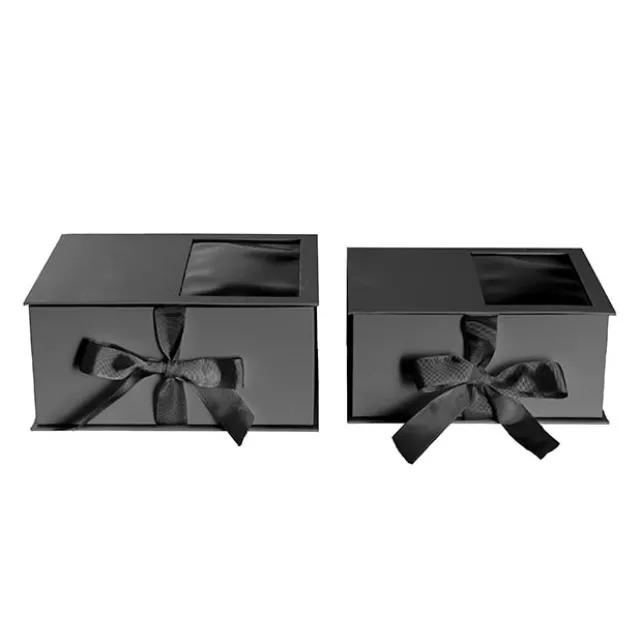 Luxe Gift Flower Box Window Ribbon Set 2 Black (24x20x11Hcm)