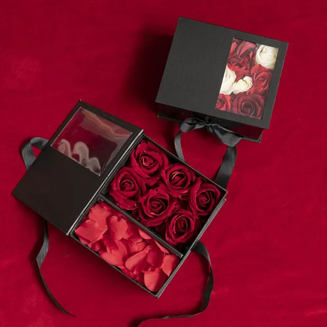 Luxe Gift Flower Box Window Ribbon Set 2 Black (24x20x11Hcm)