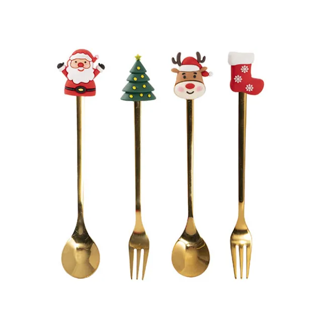 Mini Spoon & Fork Christmas Set 4 Gold (15cmH)