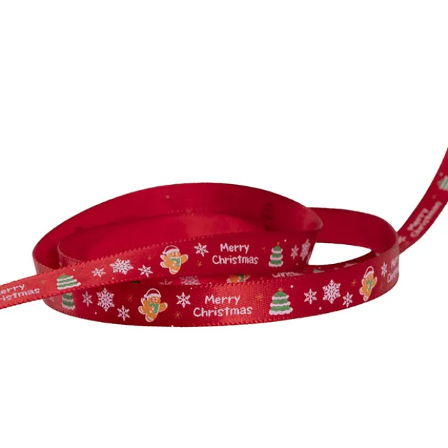 Ribbon Satin Merry Xmas Trees & Gingerbread Red (10mmx20m)
