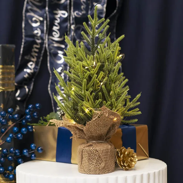 Norway Spruce Pine LED Burlap Table Top Tree Green (35cmH)