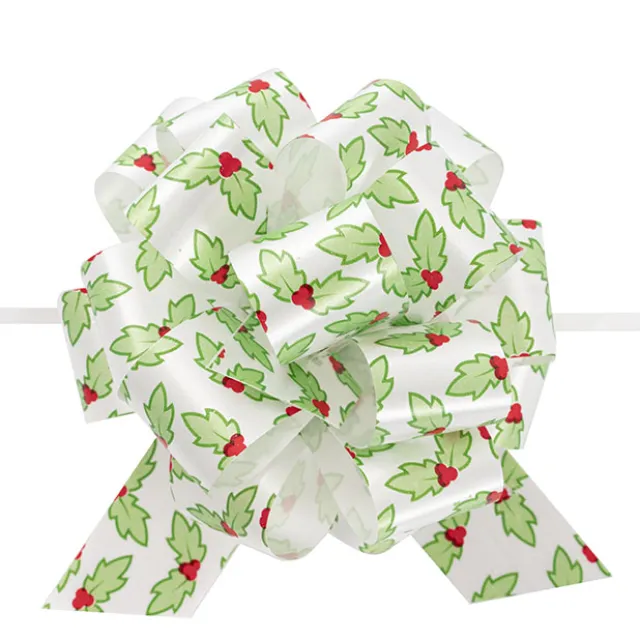 Ribbon Pull Bow Pom Pom Holly White Green (30mmx12.5cm) Pk5