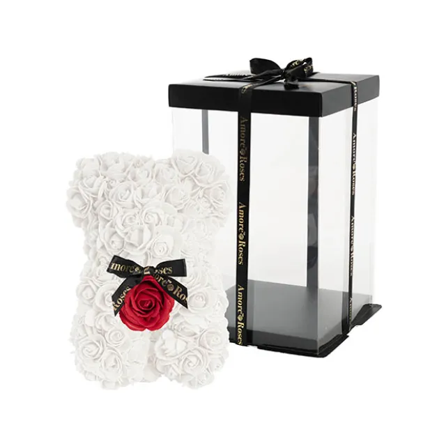 Amore Rose Bear w Red Flower & Black Bow White (25cmH)
