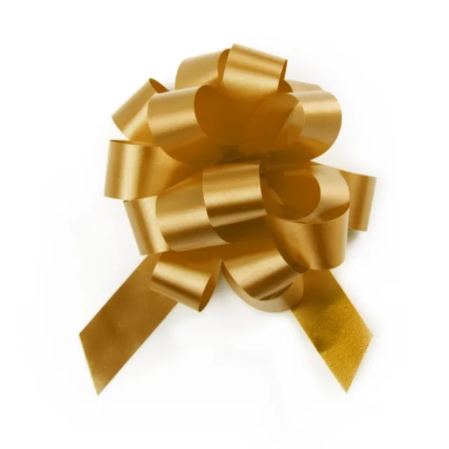 Ribbon Pull Bow Pom Pom Gold (18mmx8.75cmD) Pack 5