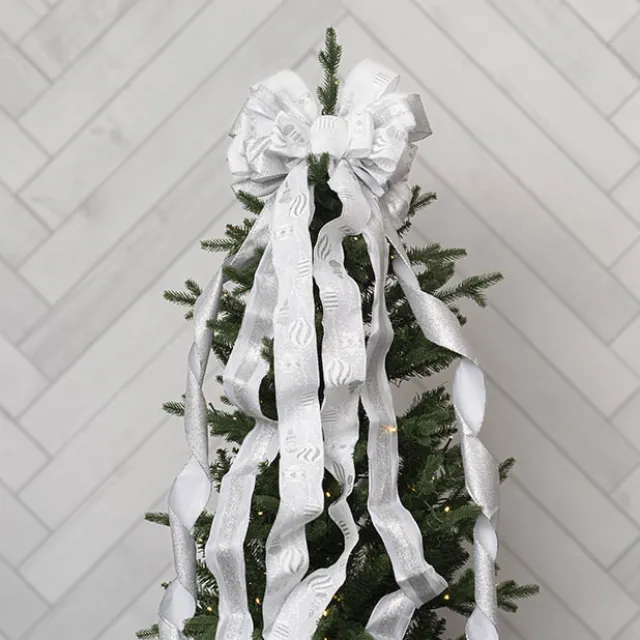 Pre-Made Bow Luxury Tree Topper White & Silver (33Wx113Lcm)