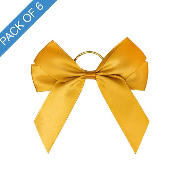 Pre-Made Bow Satin 25mm & Elastic Loop Pk6 Gold (10*11cm)