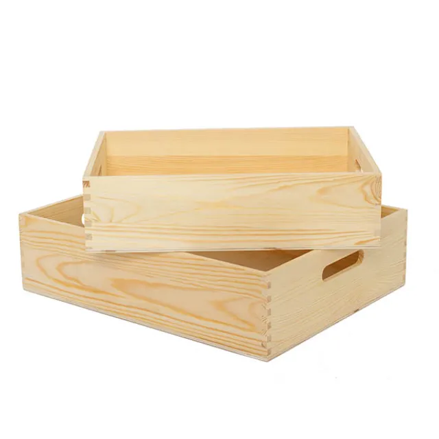 Premium Wooden Crate Box Tray Natural Lrg Set 2 42x33x11cmH