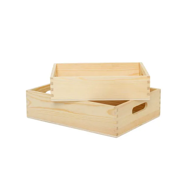 Premium Wooden Crate Box Tray Natural Small Set 2 31x23x8cmH