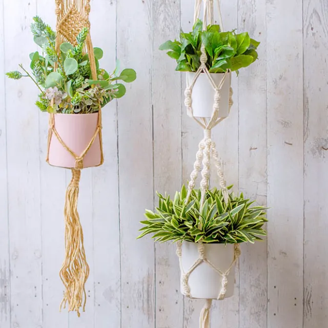 Macrame Hanging Double Pot Holder Twist Natural (140cm)