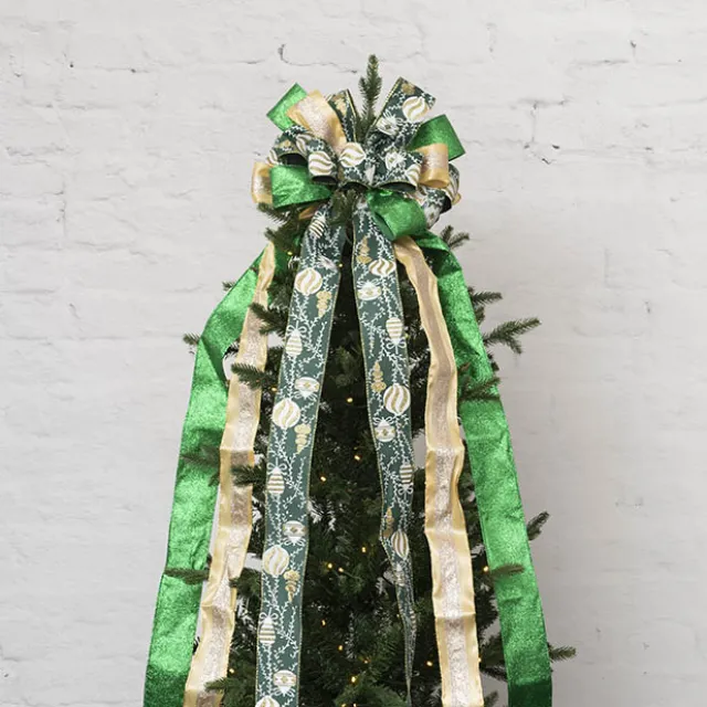 Pre-Made Bow Luxury Tree Topper Green & Gold (33Wx113Lcm)