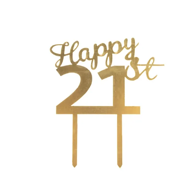 Cake Topper Happy 21st Acrylic Gold (11cmWx15cmH)
