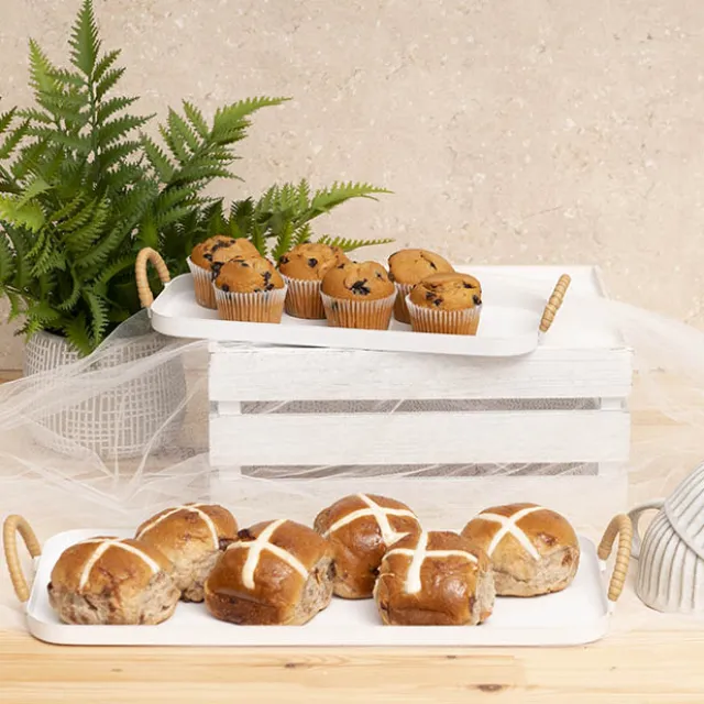 Rectangle Tray w Handle Metal Set 2 White (32cmL & 43cmL)