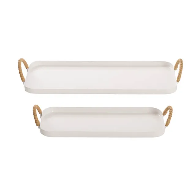 Rectangle Tray w Handle Metal Set 2 White (32cmL & 43cmL)
