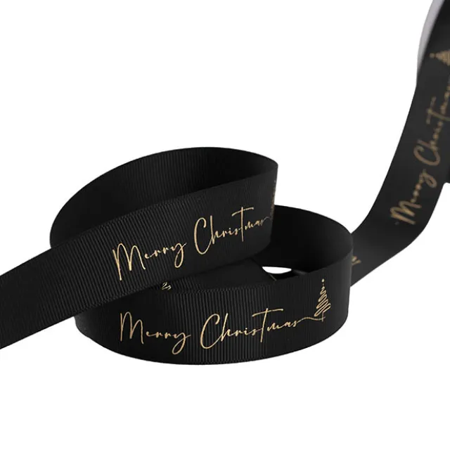 Ribbon Grosgrain Merry Christmas Swirl Tree Black (25mmx20m)