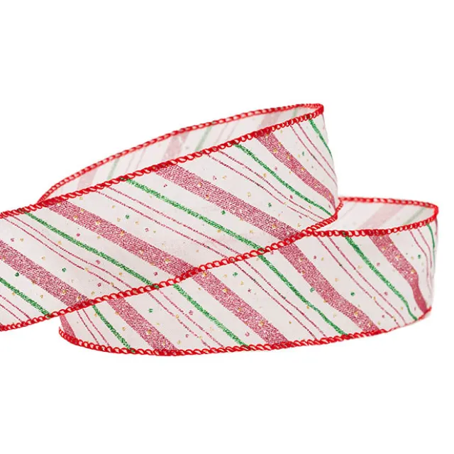 Ribbon Linen Christmas Pink Candy Stripe Wire (60mmx20m)