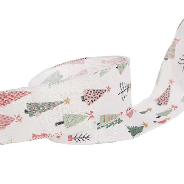 Ribbon Linen Wire Edge Pastel Xmas Trees White (60mmx20m)