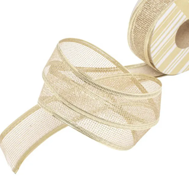 Ribbon Metallic Mesh Champagne Wired Edge (40mmx10m)