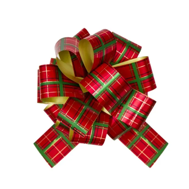 Ribbon Pull Bow PomPom TartanPlaid RedGreen (30mmx12.5cm)Pk5