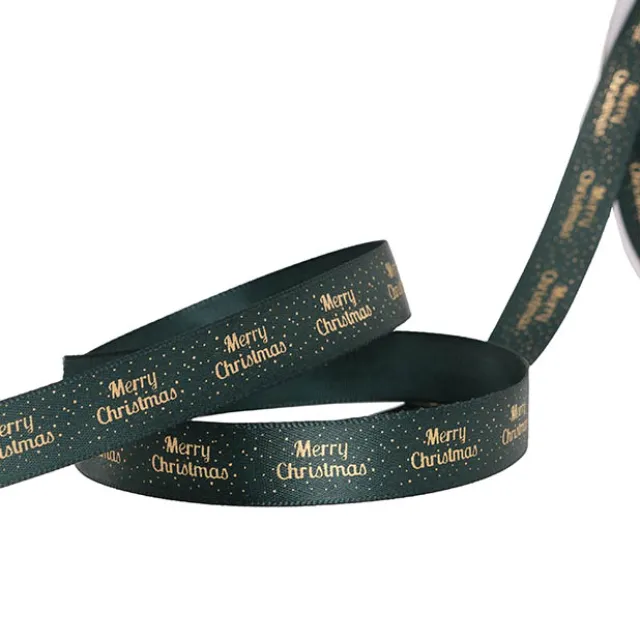 Ribbon Satin Merry Christmas Spots Gold Green (15mmx20m)