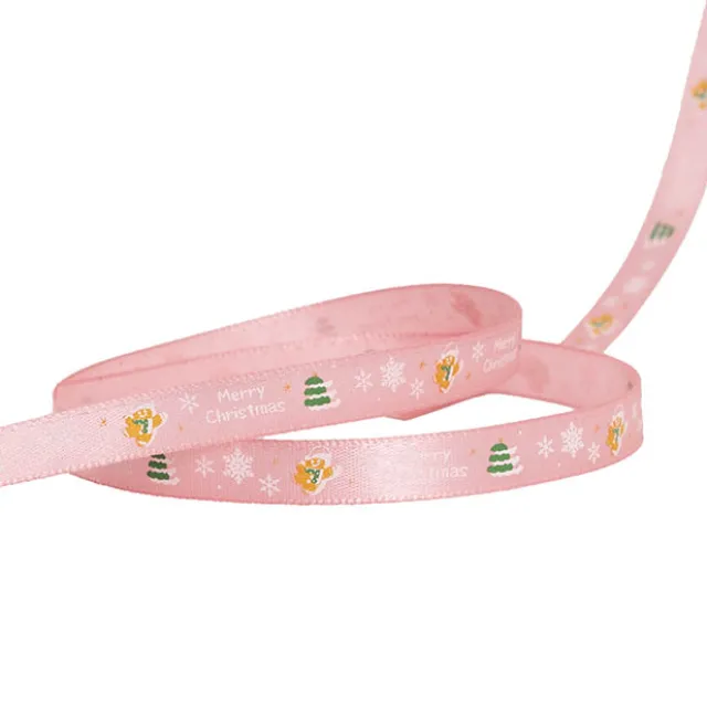 Ribbon Satin Merry Xmas Trees & Gingerbread Pink (10mmx20m)