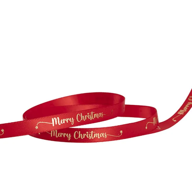 Ribbon Satin Merry Christmas Star Gold Red (10mmx20m)