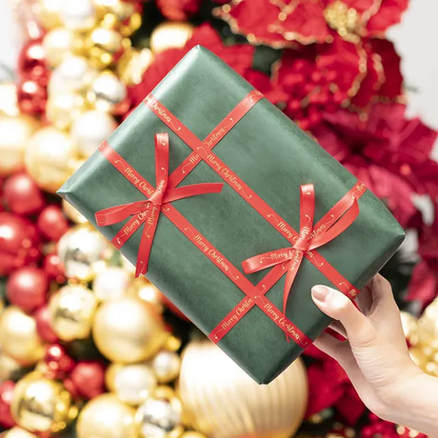 Ribbon Satin Merry Christmas Star Gold Red (10mmx20m)