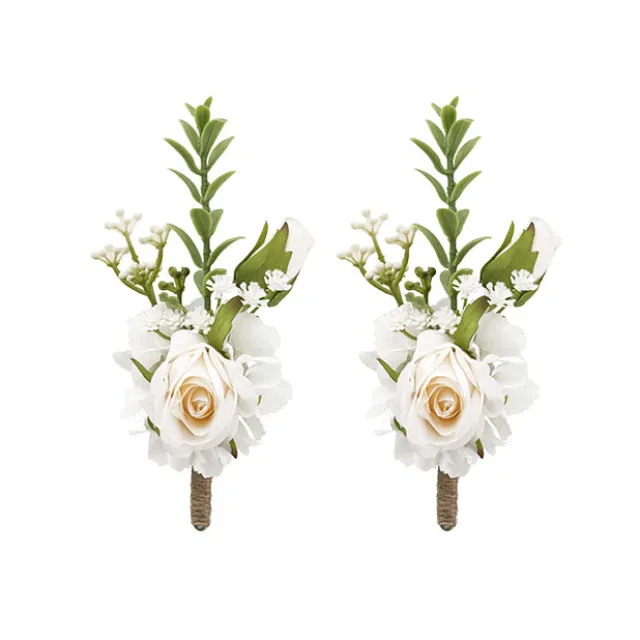 Rose & Baby's Breath Boutonniere Pack2 Cream & Beige (13cmH)