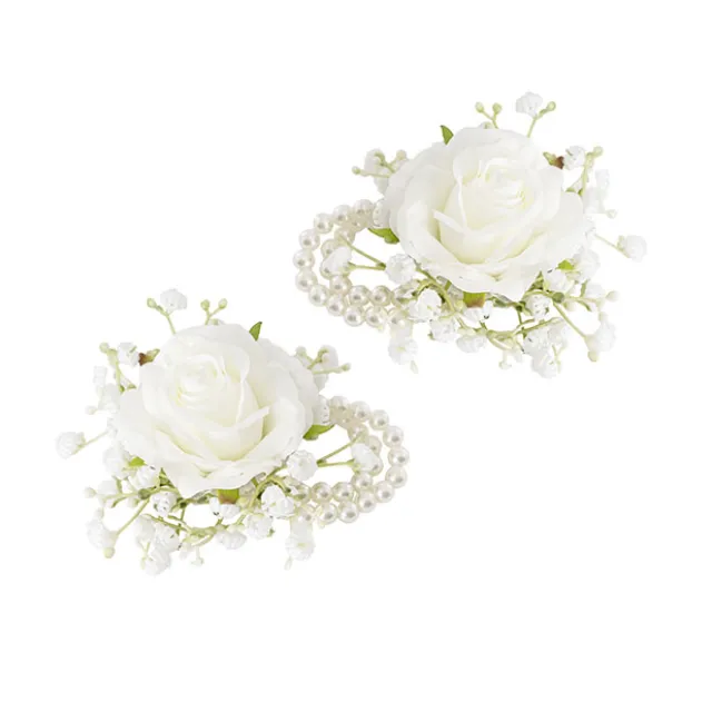 Rose & Baby's Breath Corsage Bracelet Pack 2 White (12cmH)