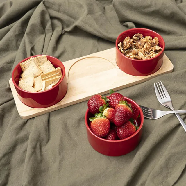 Round 3 Bowl Wooden Board Tapas Set Red (36x12x6cm)