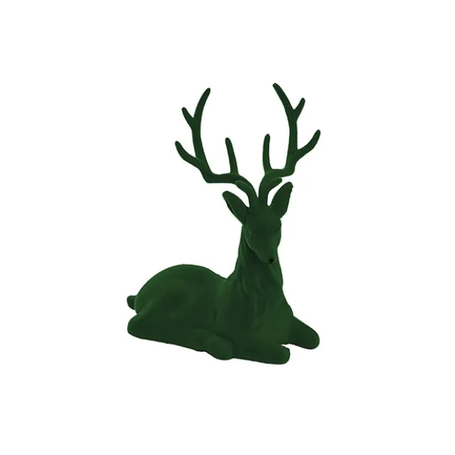 Sitting Flocked Reindeer Dark Green (18x25cmH)