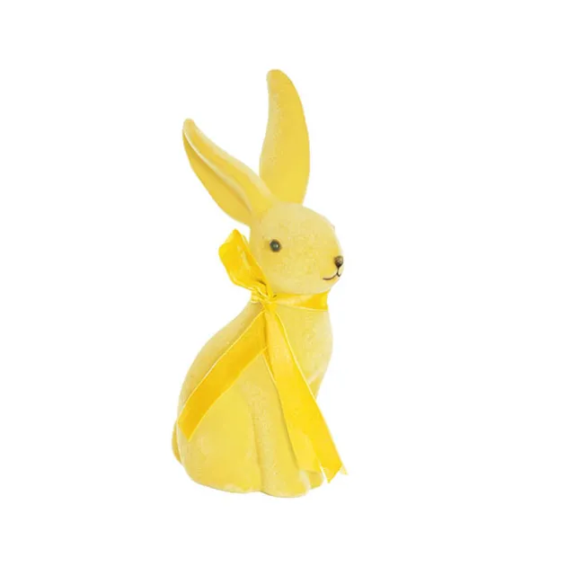 Sitting Long Ear Bunny Rabbit w Bow Flocked Yellow (19cmH)