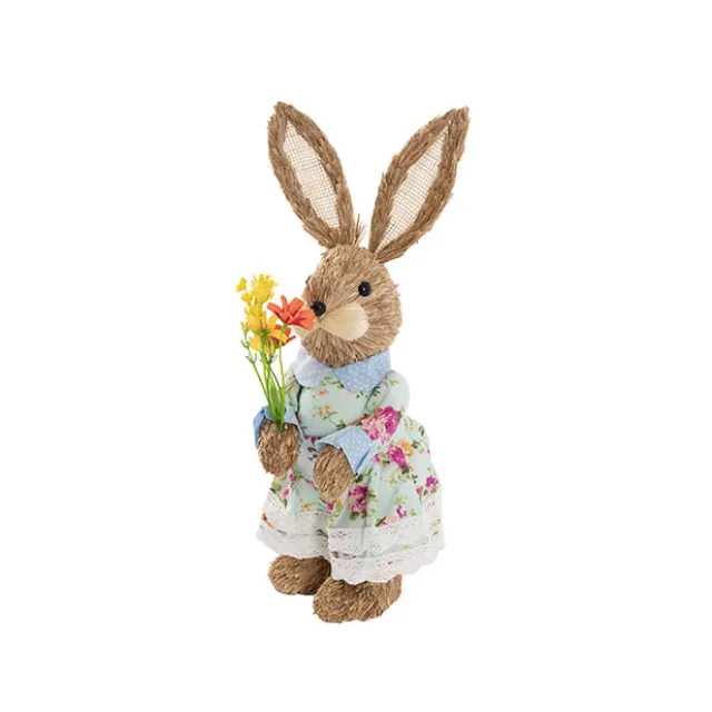 Standing Female Bunny in Floral Dress & Bouquet Blue (35cmH)