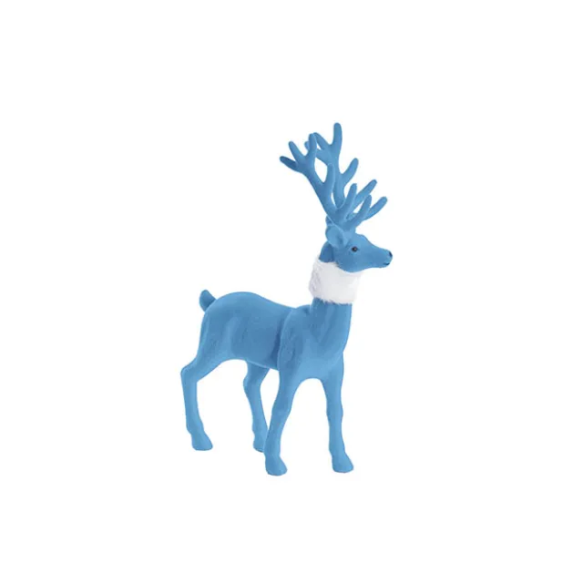 Standing Flocked Reindeer w Faux Fur Scarf Blue (37cmH)