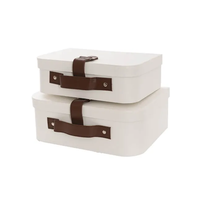 Suitcase Hamper Faux Linen Leather Set 2 White (29x20x11Hcm)