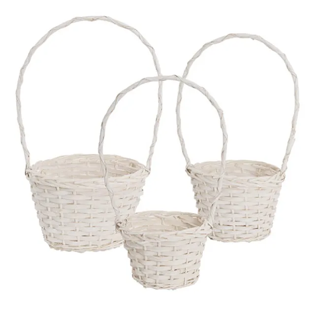 Flower Girl Basket Long Handle Set 3 White (26Dx17cmH)