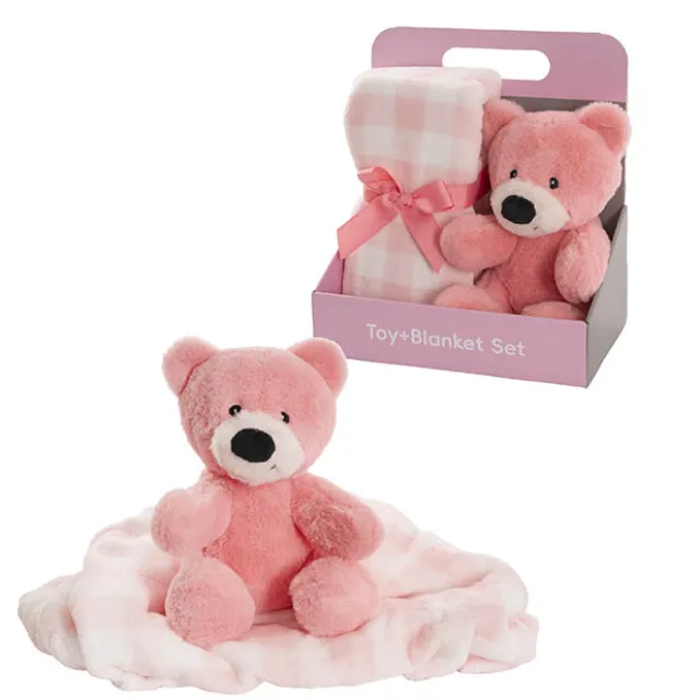 Teddy Bear Louie Gift Pack Bear and Blanket Coral (21cmST)