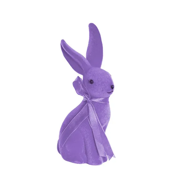 Sitting Long Ear Bunny Rabbit w Bow Flocked Purple (19cmH)
