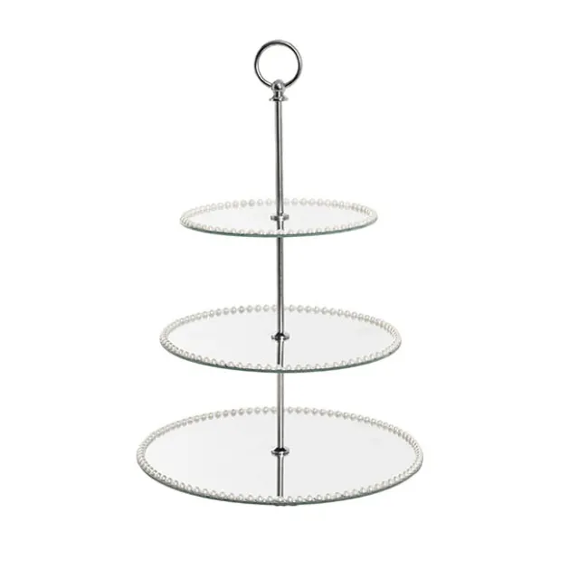 Elegant Cake Stand 3 Tier Mirror Pearl Edge Silver (46cmH)