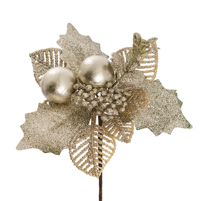 Bauble Leaf Christmas Picks Pack 4 Champagne (20cmH)