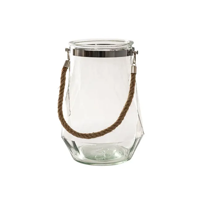 Glass Elva Hurricane Vase Rope Handle Clear Geo (20cmx28cmH)